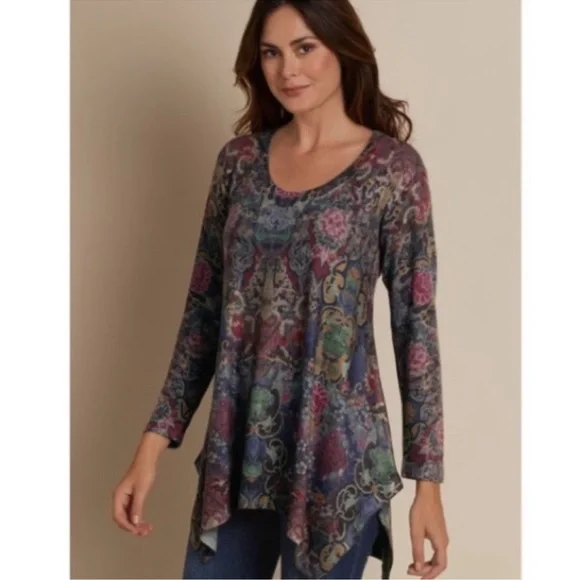 Soft Surroundings Floral Scoop Neck Handkerchief Hem Long Tunic Paisley Size 3X - Picture 6 of 12